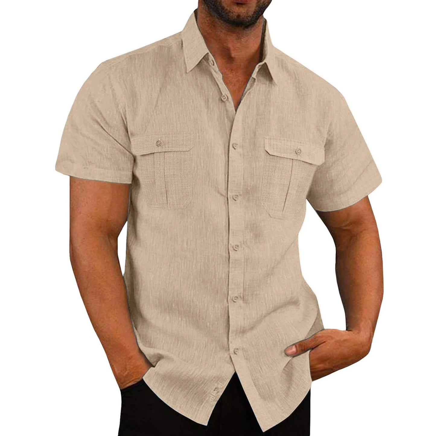 Tank Tops Men Men'S Fashion Vacation Solid Color Cotton Linen Double Pocket Casual Shirts Short Sleeves Mens Western Shirts Mens T-Shirts on Sales